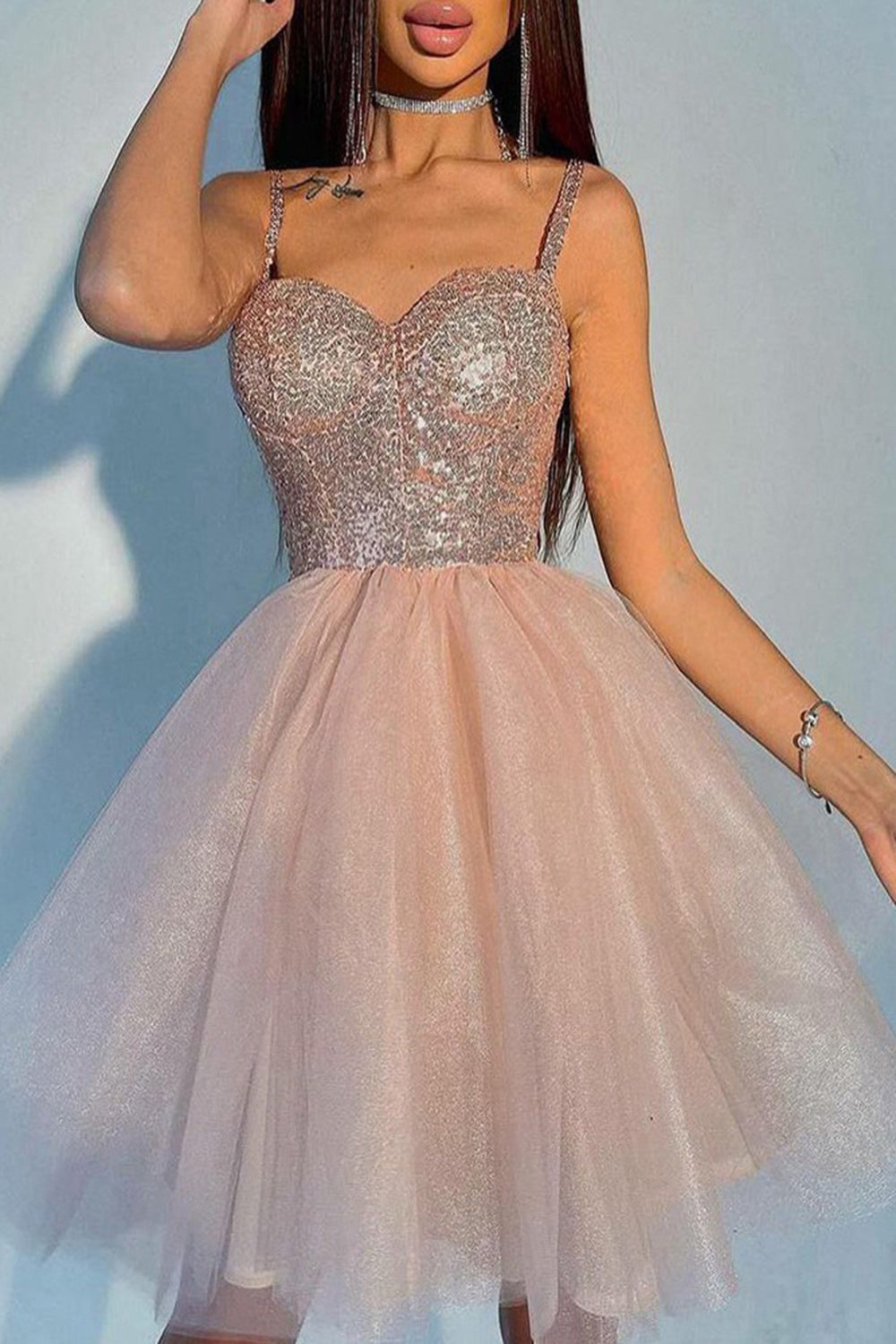 A Line Pink Sparkly Sequin Tulle Short Homecoming Dress