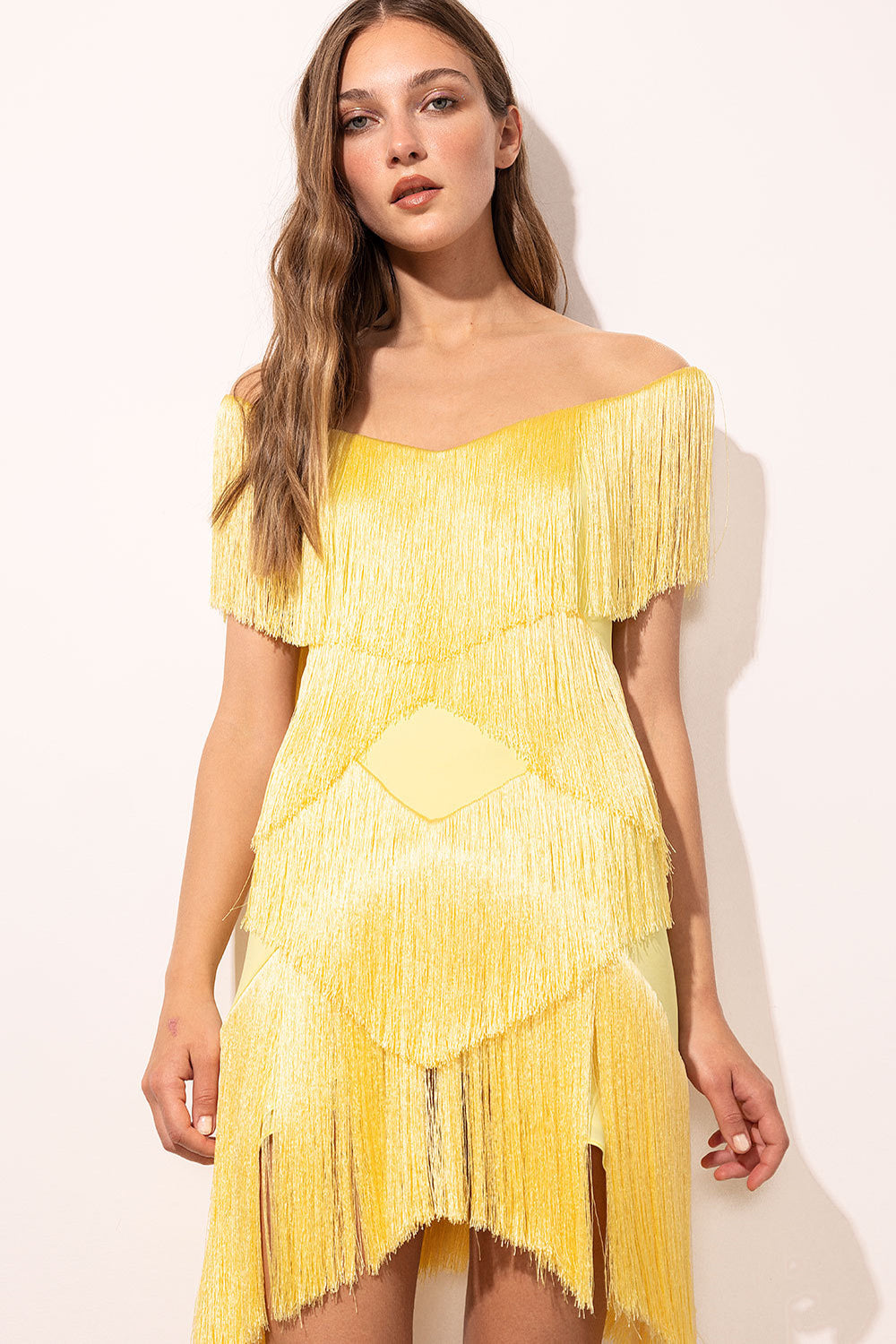 Yellow Off the Shoulder Glitter Fringe Cocktail Dress