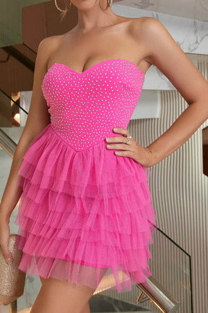 A Line Fuchsia Beaded Sweetheart Tulle Homecoming Dress