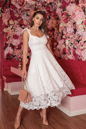 White A Line Tie Straps Lace Long Party Dress