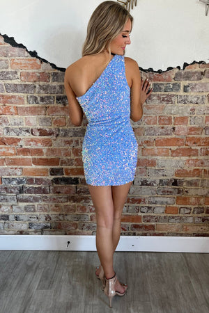 Blue One Shoulder Sparkly Sequin Bodycon Homecoming Dress