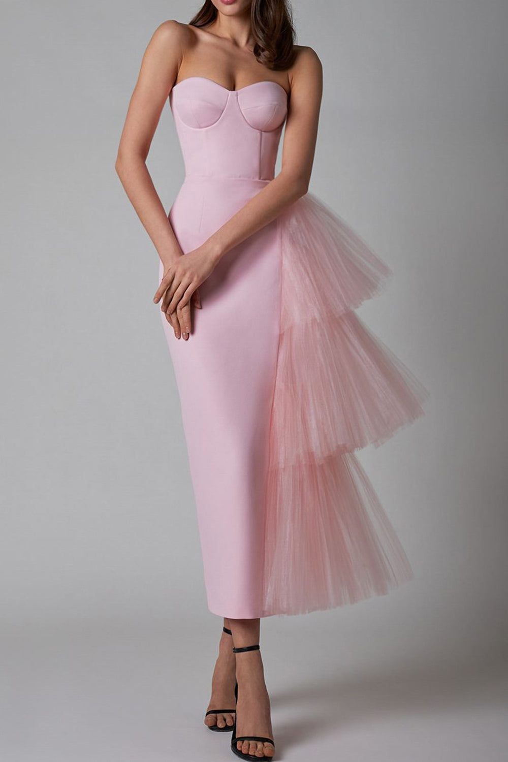 Pink Sweetheart Tulle Long Cocktail Dress With Back Slit