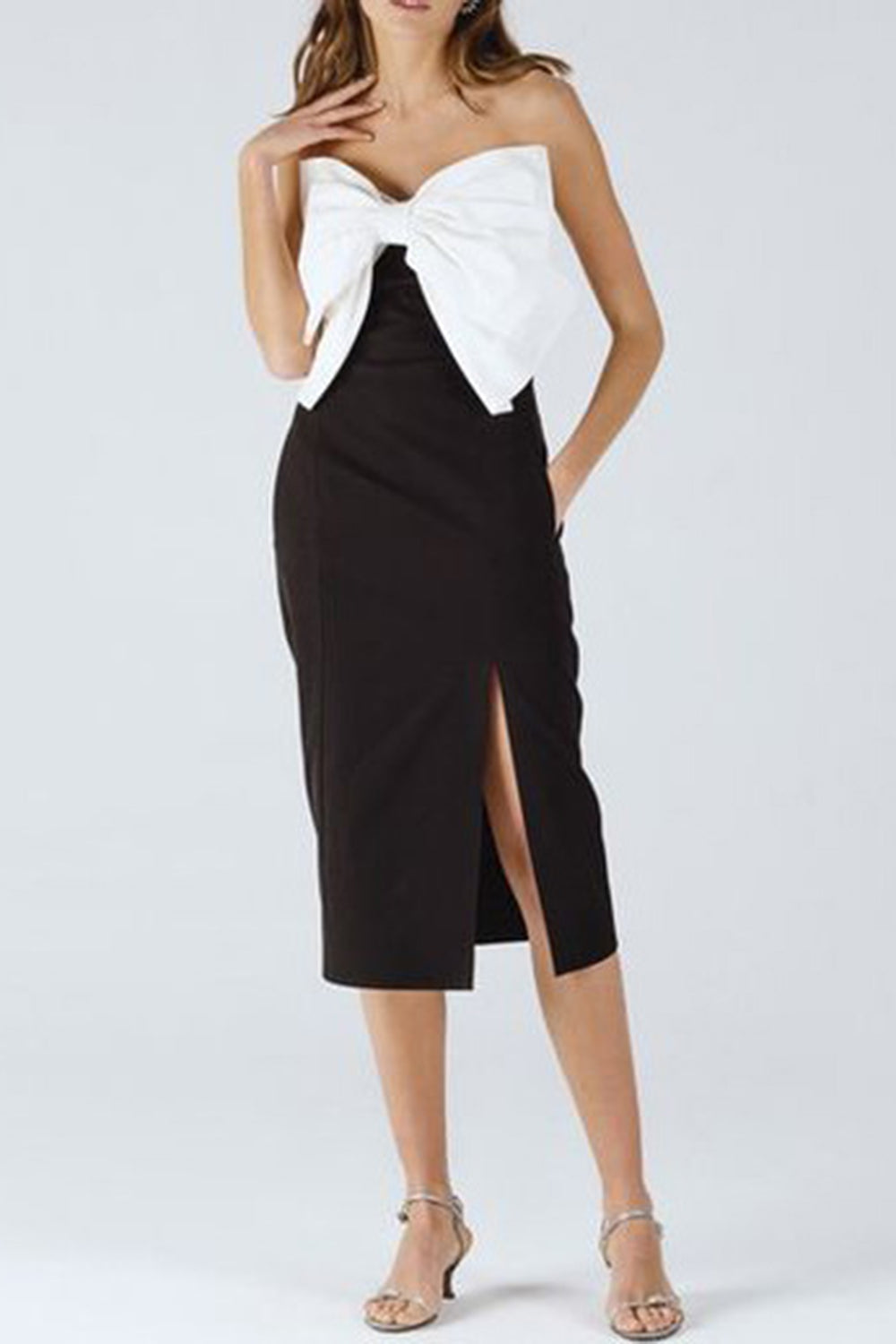 Black Strapless Bowknot Midi Cocktail Dress With Slit