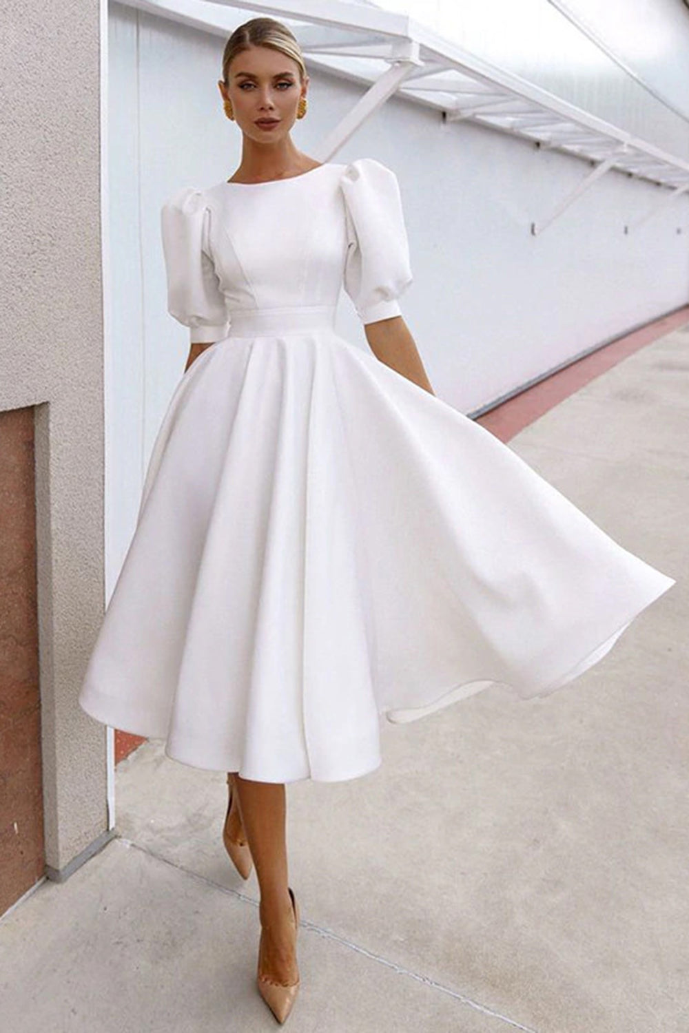 White A Line Puff Sleeves Open Back Cocktail Dress