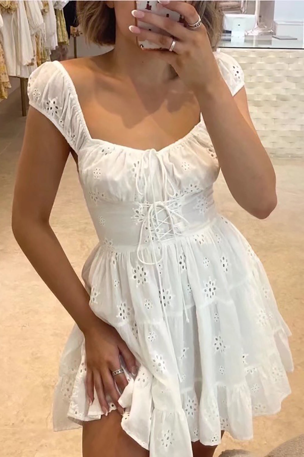 A-Line White Lace-up Front Short Homecoming Dress