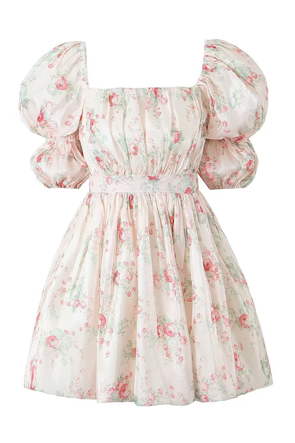 Floral Printed Light Pink A-Line Puff Sleeves Homecoming Dress