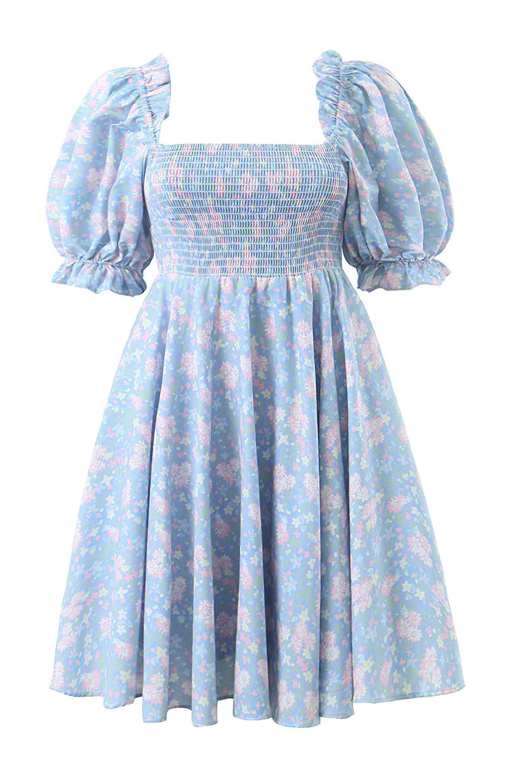 Blue Floral Printed A-Line Puff Sleeves Homecoming Dress