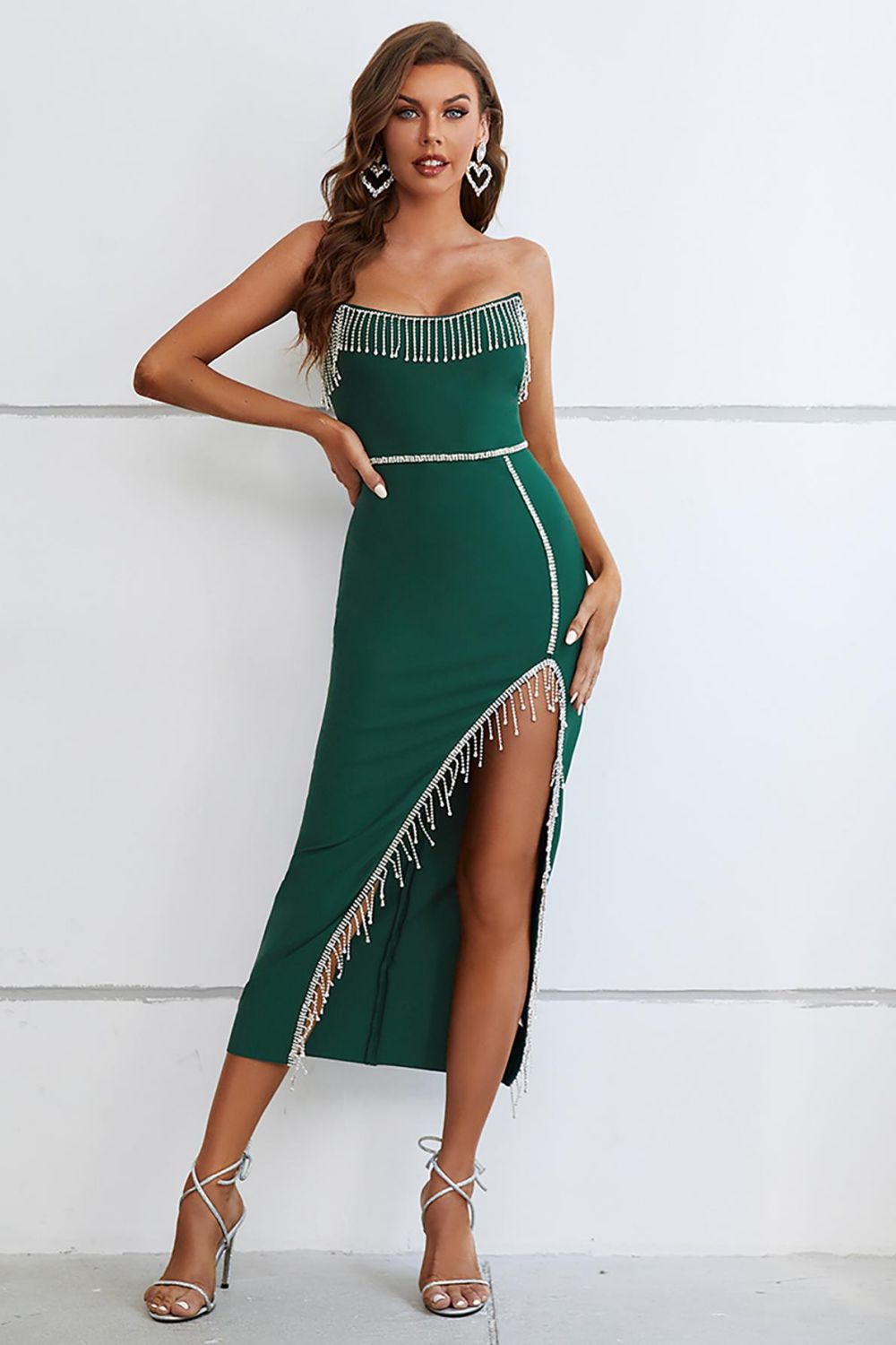 Green Strapless Bodycon Cocktail Dress With Slit