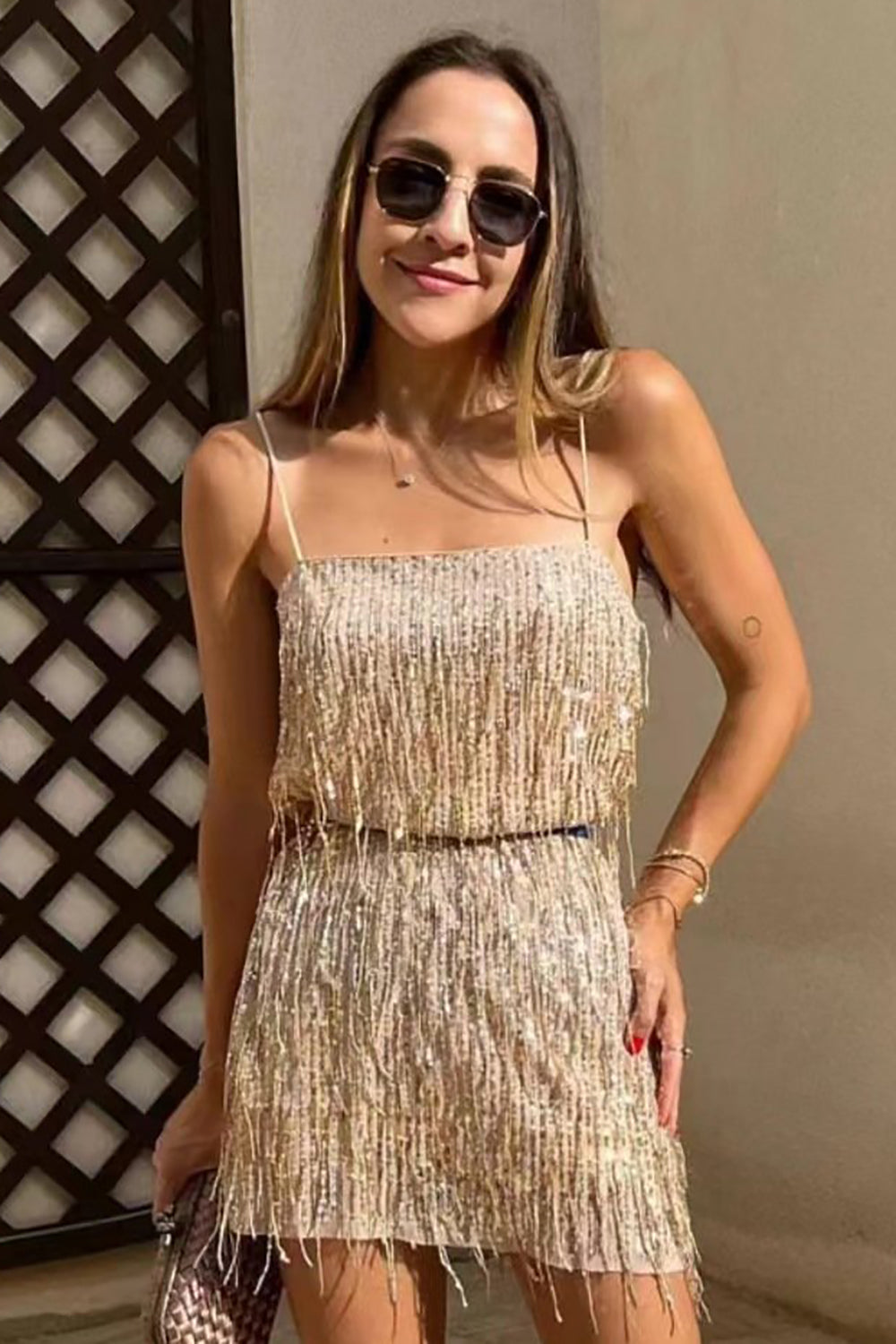 Champagne Glitter Sequin Short Cocktail Dress With Fringe