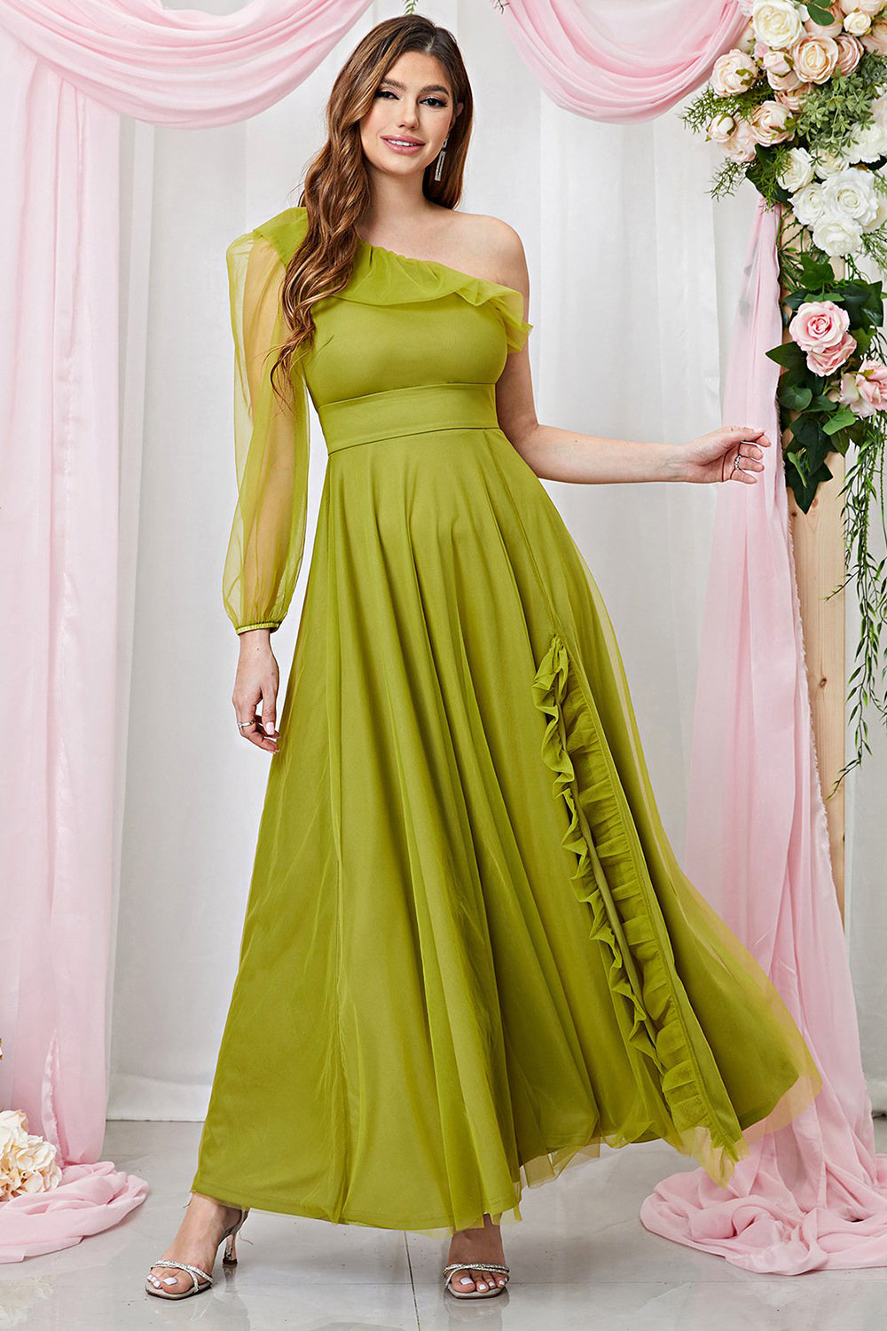 Green One Shoulder Ruffled Long Cocktail Dress With Slit