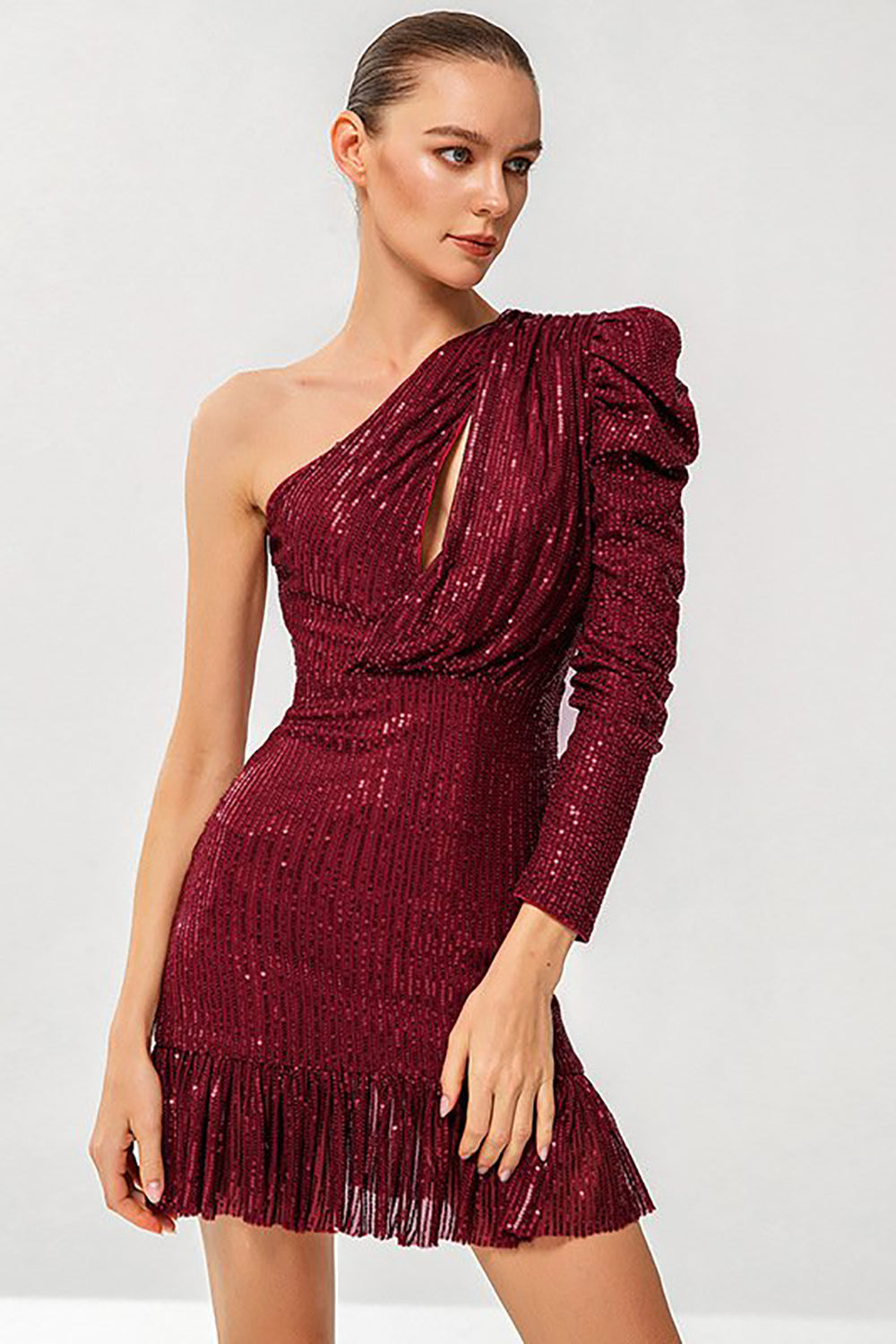 Red Sparkly Sequin One Shoulder Short Homecoming Dress