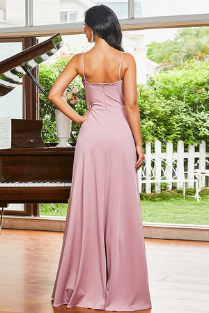 Blush Spaghetti Straps Long Prom Dress With Slit