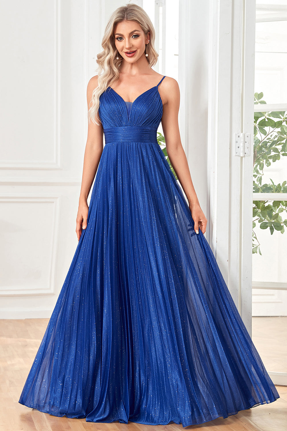 Dark Blue A-Line Spaghetti Straps Long Prom Dress With Pleating