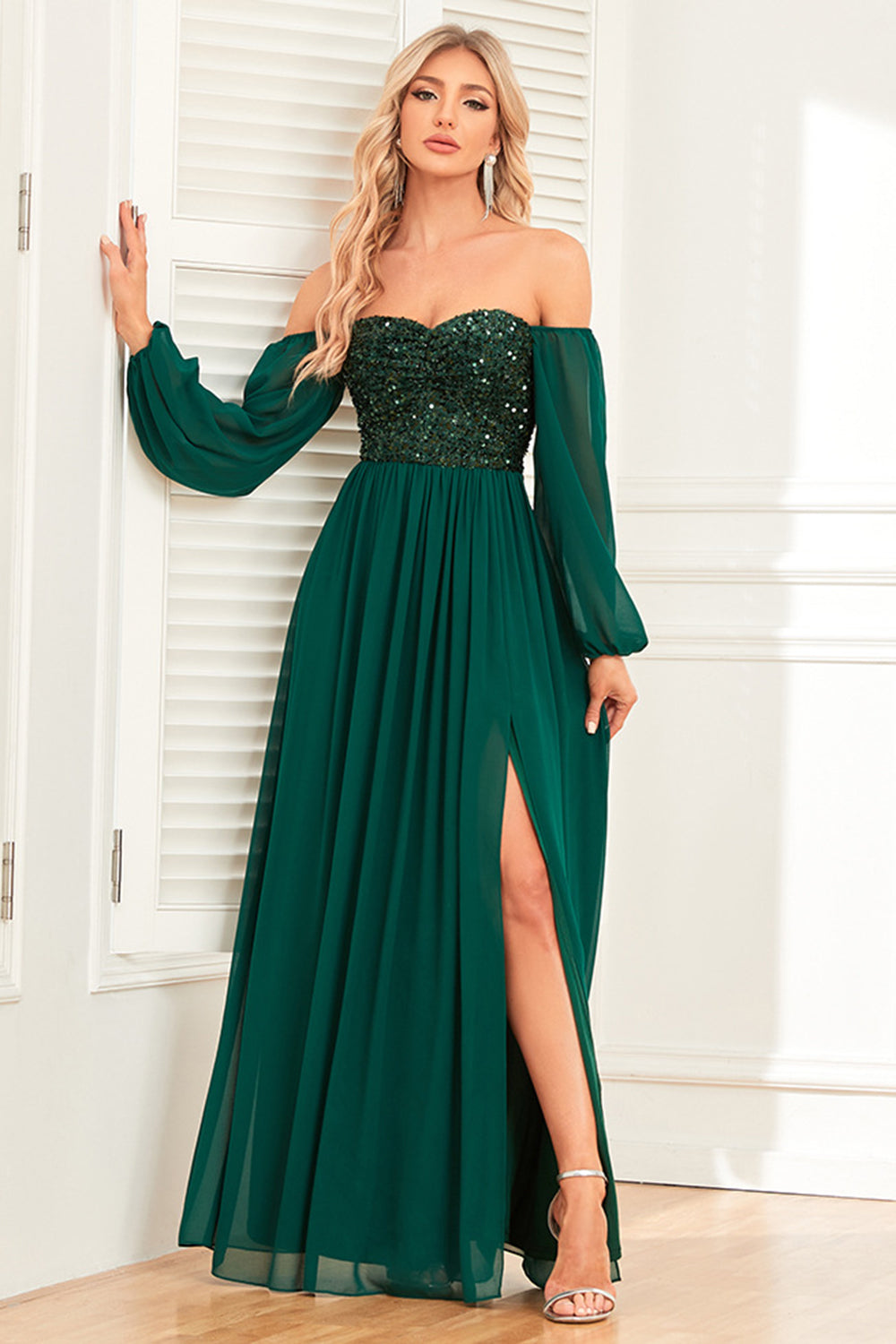 Dark Green A-Line Off The Shoulder Long Sleeves Prom Dress With Sequin