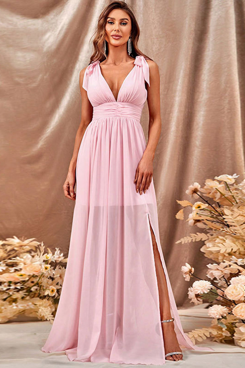 Pink A-Line V-Neck Long Chiffon Prom Party Dress With Slit