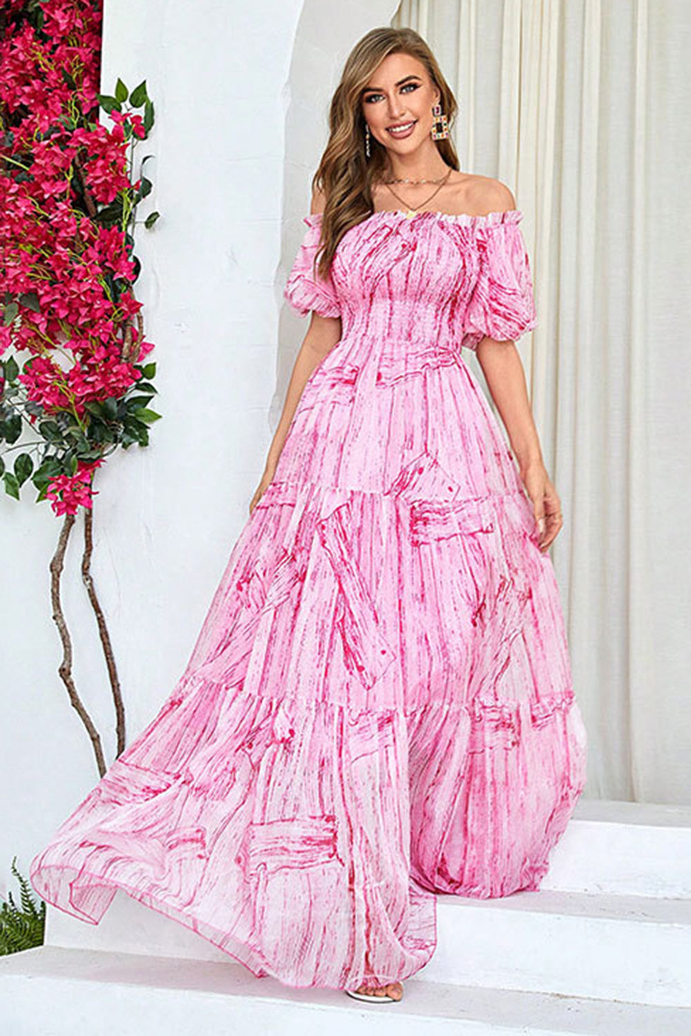 Stunning Pink A-Line Off The Shoulder Long Prom Party Dress