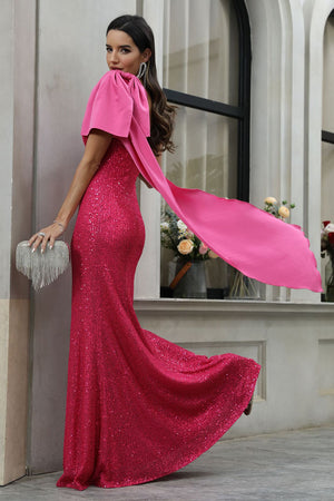 Glitter Fuchsia Mermaid One Shoulder Long Prom Dress With Ribbon