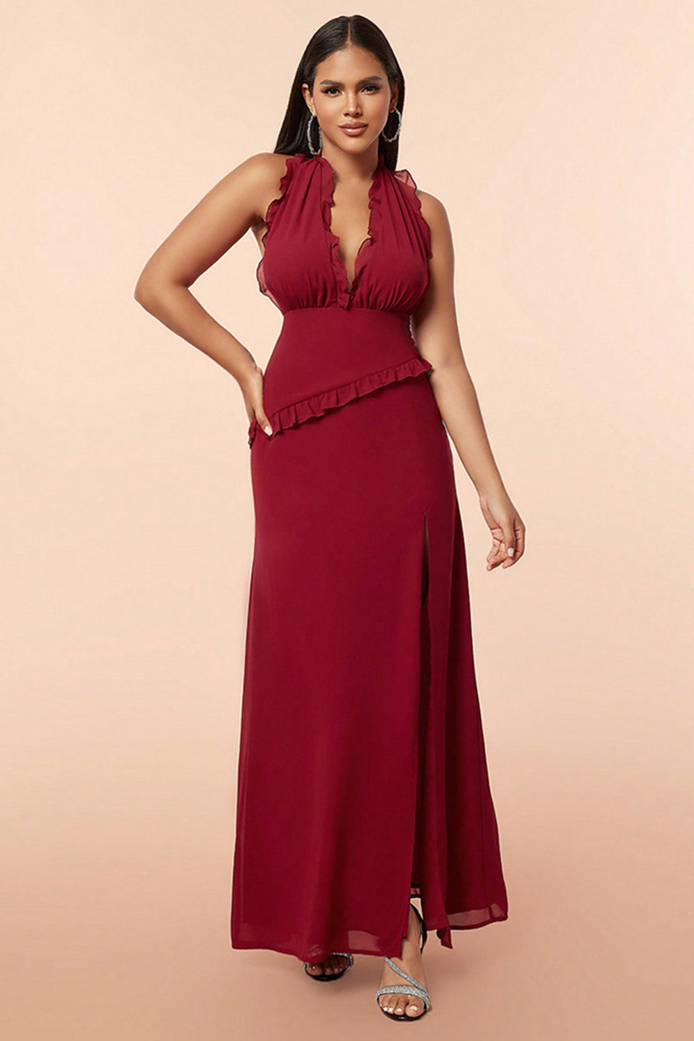 Simple Burgundy Halter Neck Backless Long Chiffon Prom Party Dress