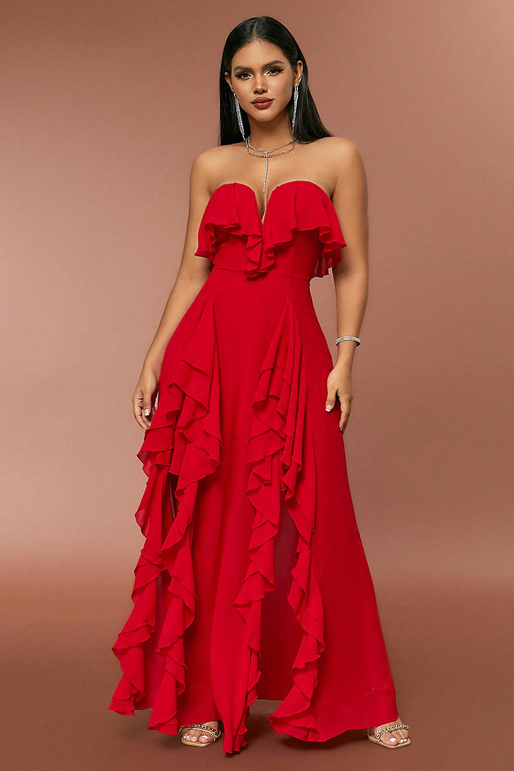 Red A-Line Strapless Long Ruffle Chiffon Prom Dress With Slit