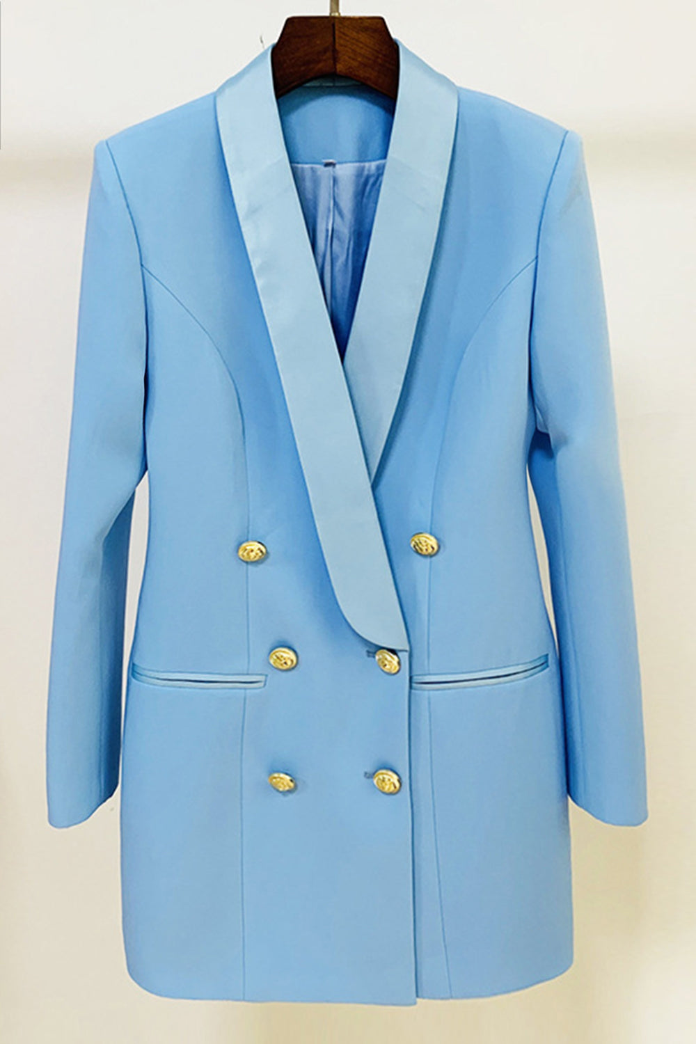 Blue Buttoned Satin Lapel Blazer Dress