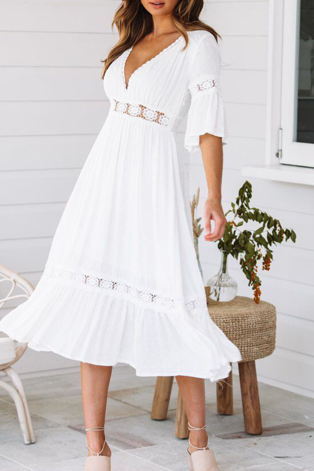 V-Neck A-Line Tea Length Half Sleeves Summer Beach Dress