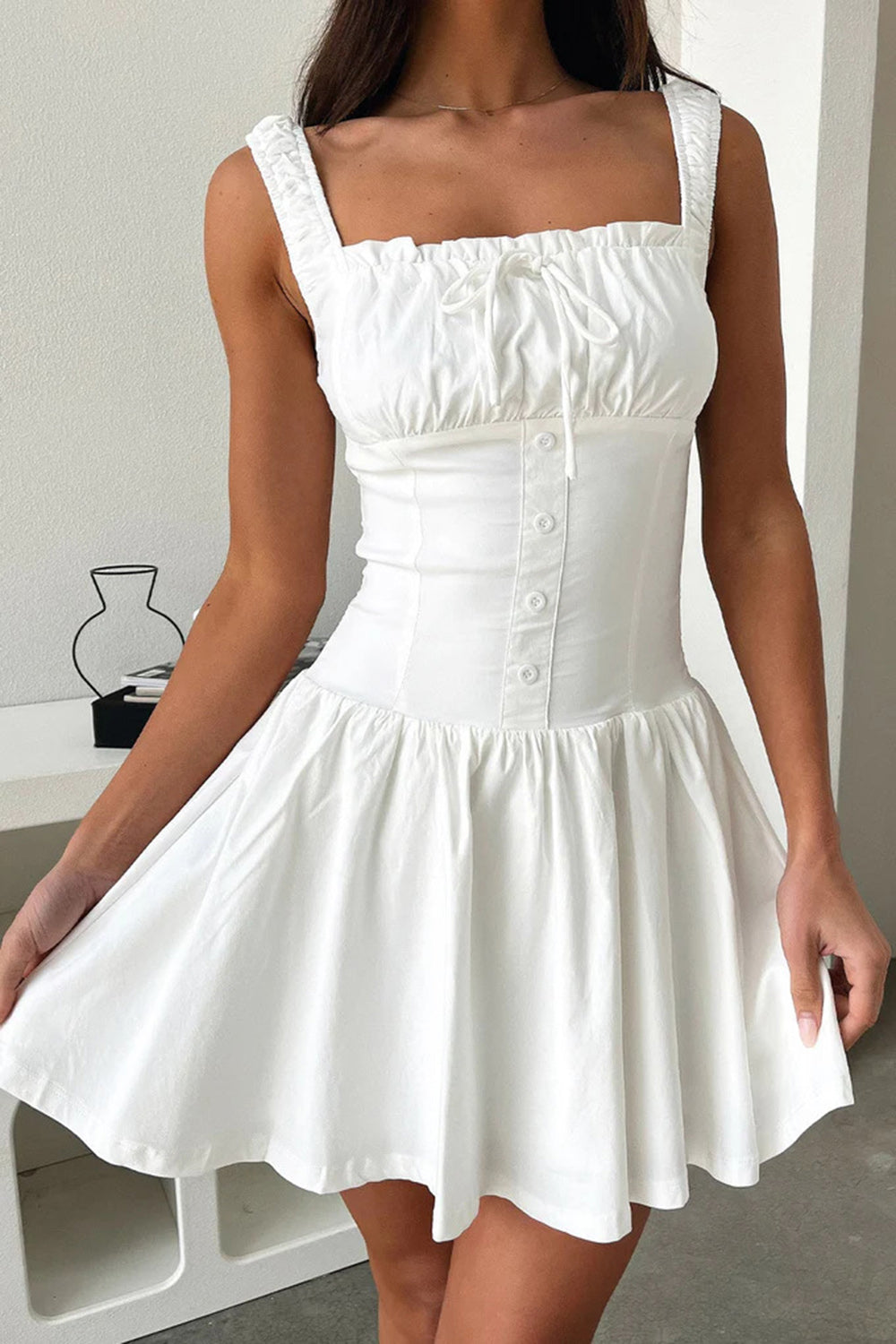 A-Line Square Neck Short White Graduation Dress