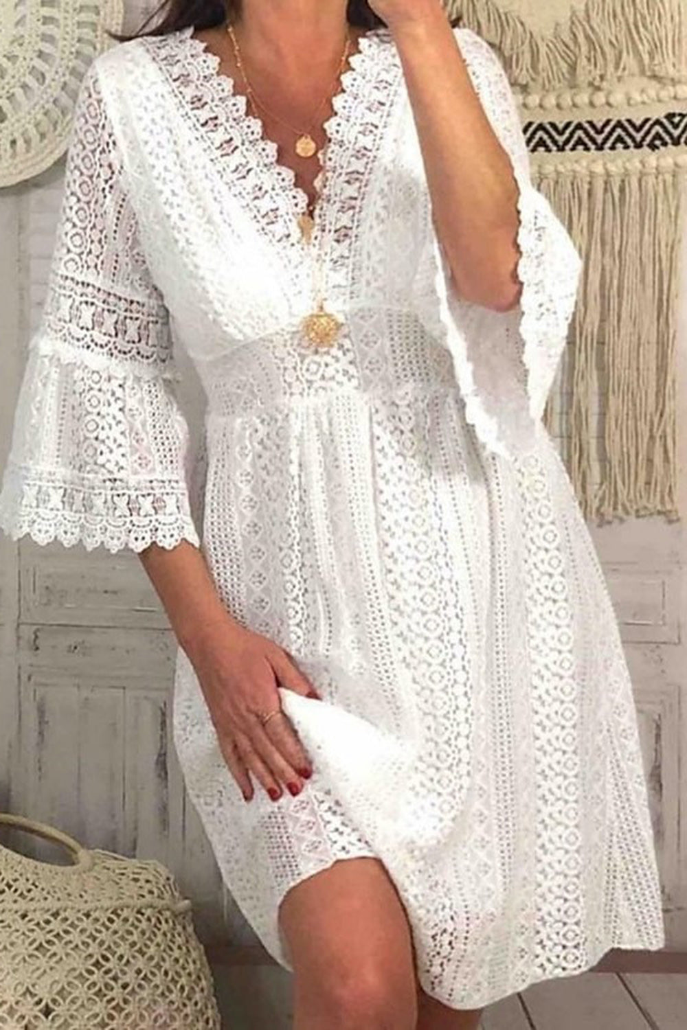 A-Line Knee Length V-Neck Lace Summer Beach Dress