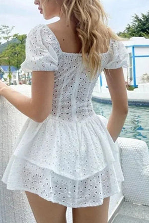 A-Line Short Sleeves V-Neck Tiered White Short Graduation Dress