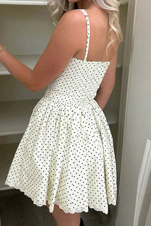 A-Line Spaghetti Straps White Short Graduation Dress WIth Polka Dots