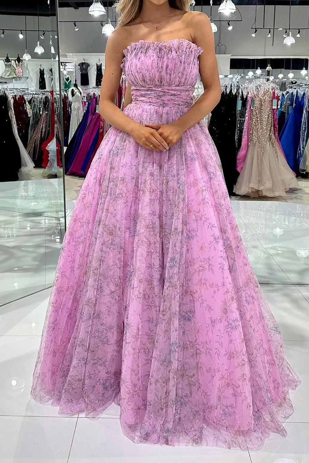 Cute A-Line Strapless Floor Length Print Pink Prom Party Dress