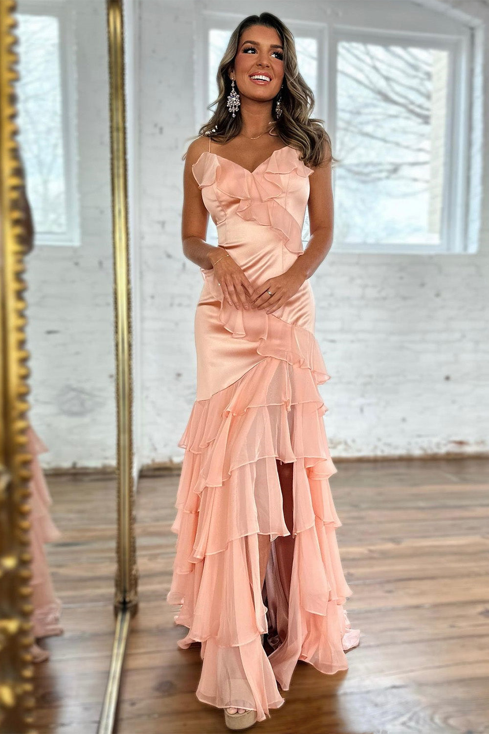 Blush Satin Spaghetti Straps Mermaid Zipper Back Long Prom Dress With Ruffles