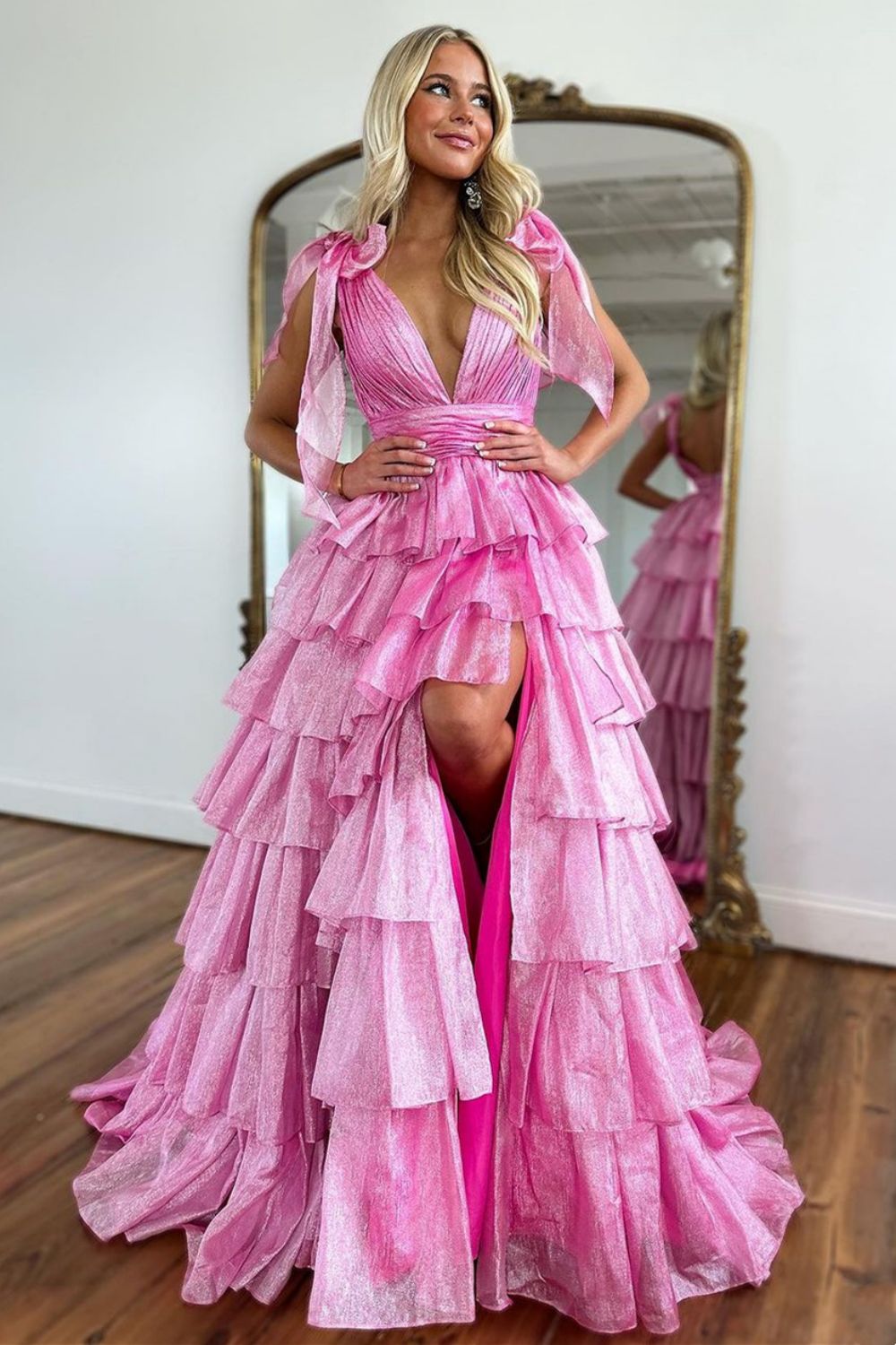 Cute Pink A-Line Deep V-Neck Long Tiered Prom Dress With Split