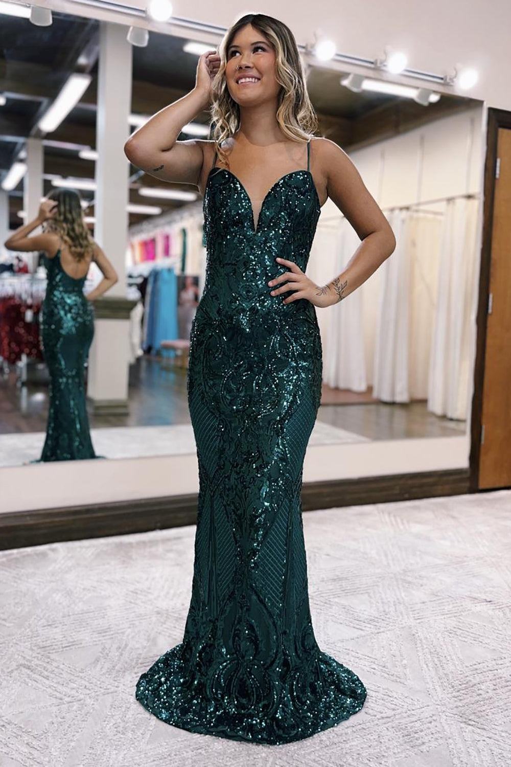 Glitter Sequin Dark Green Mermaid Spaghetti Straps Long Prom Dress