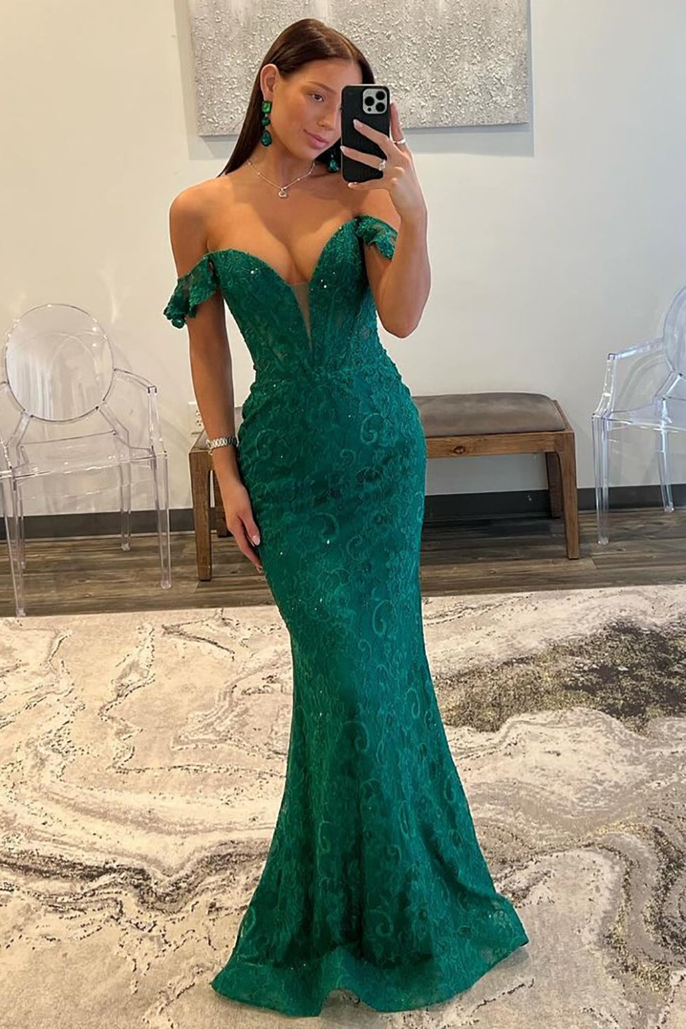 Dark Green Sequin Off The Shoulder Mermaid Sweep Train Prom Dress