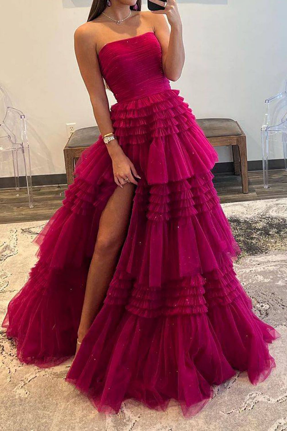 Fuchsia A-Line Strapless Long Tulle Prom Dress With Split