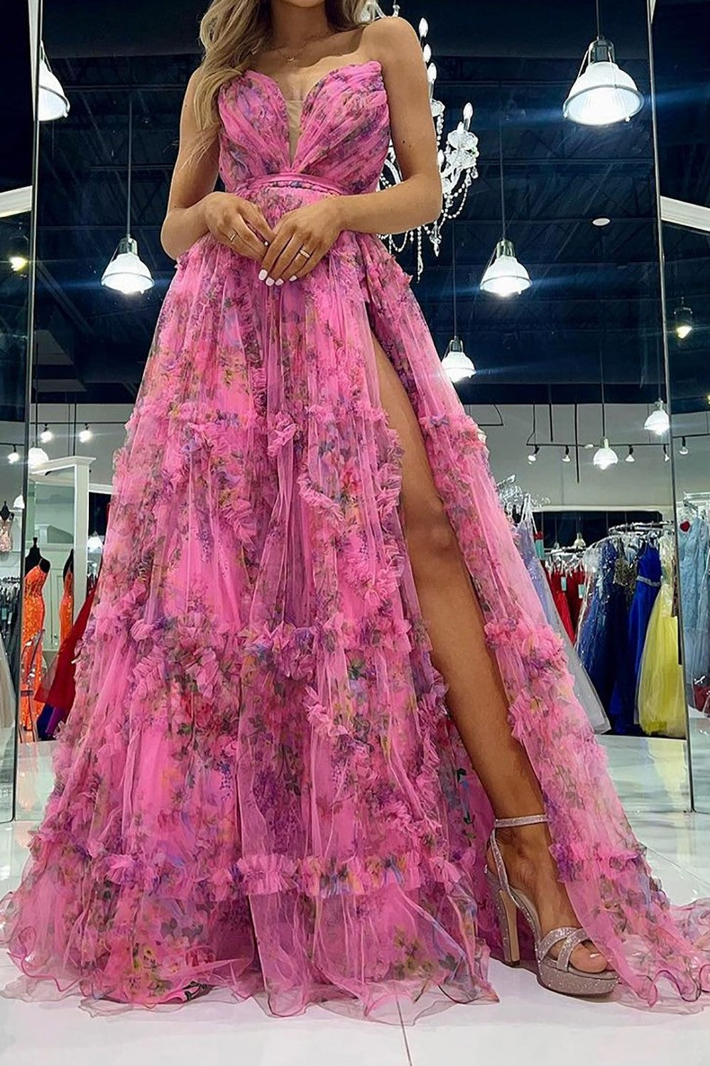 Fuchsia A-Line Sweep Train Strapless Print Tulle Prom Dress With Sash