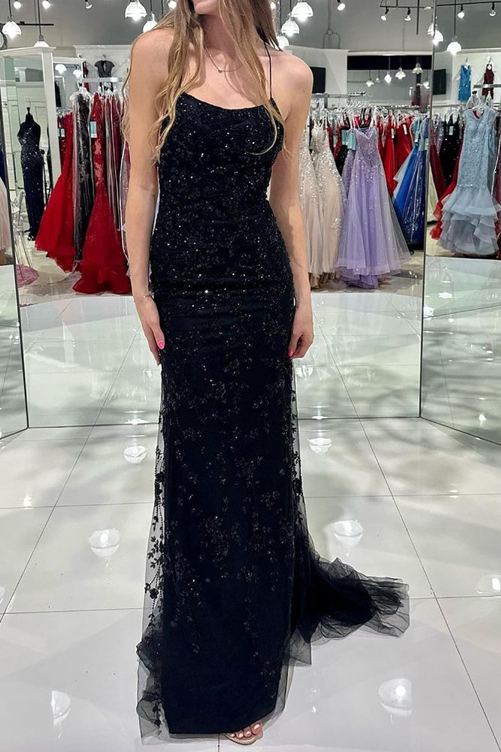 Glitter Black Spaghetti Straps Lace Up Long Mermaid Prom Party Dress