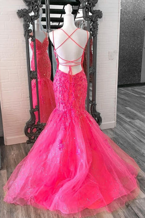 Glitter Hot Pink Double Straps Lace Up Mermaid Prom Dress With Appliques