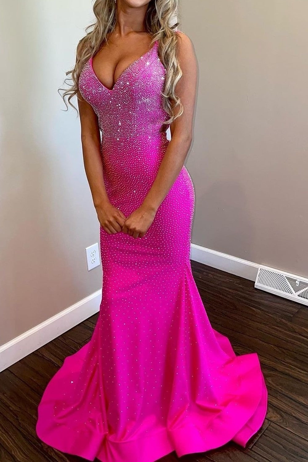 Glitter Hot Pink V-Neck Mermaid Long Beaded Prom Party Dress
