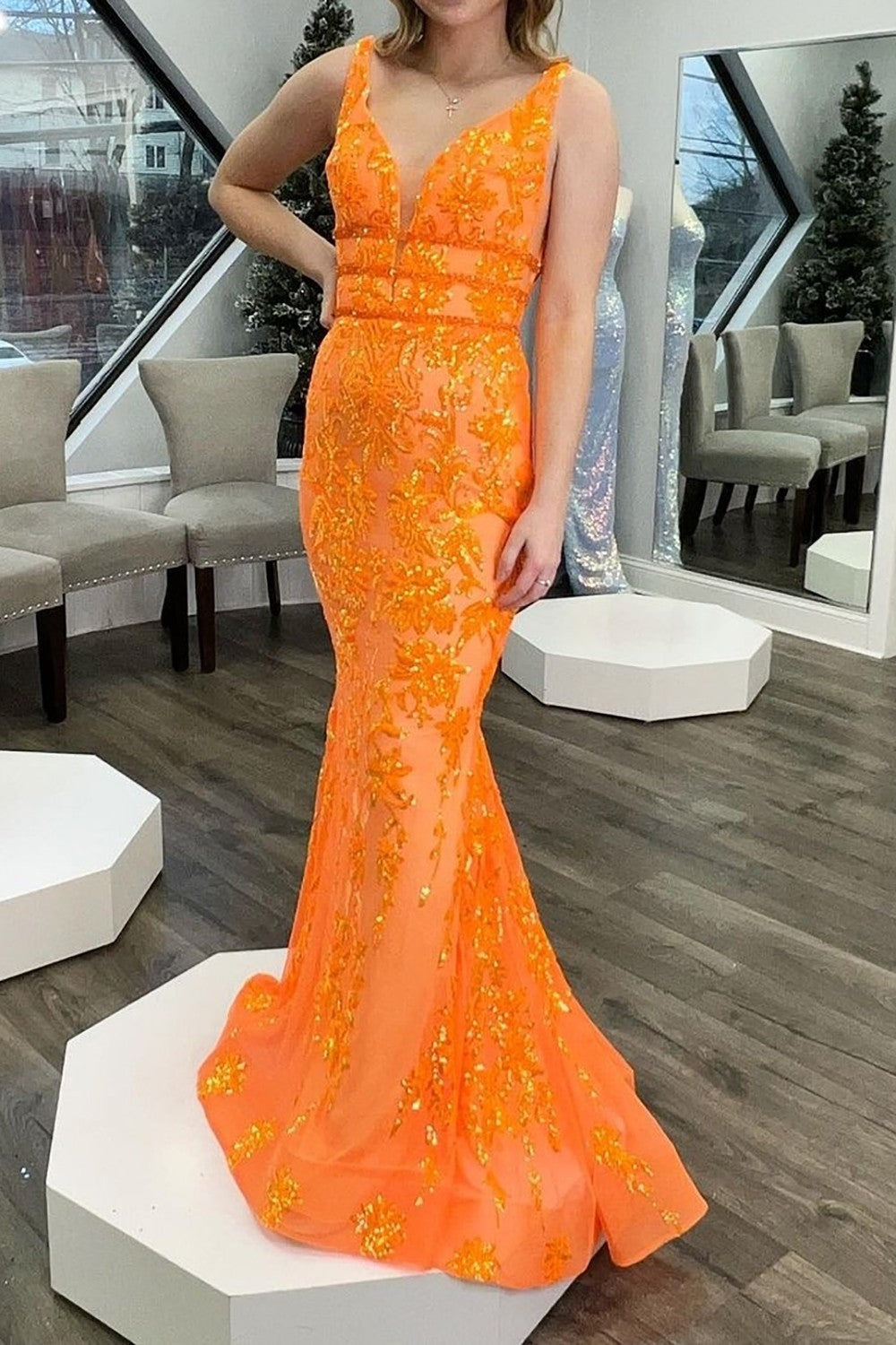 Glittler Orange Open Back Long Mermaid Prom Dress With Appliques