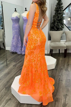 Glittler Orange Open Back Long Mermaid Prom Dress With Appliques