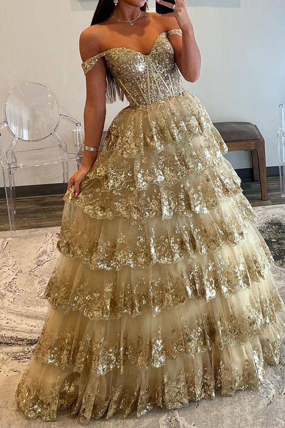 Gorgegous Sparkly Gold A-Line Off The Shoulder Long Prom Dress With Appliques