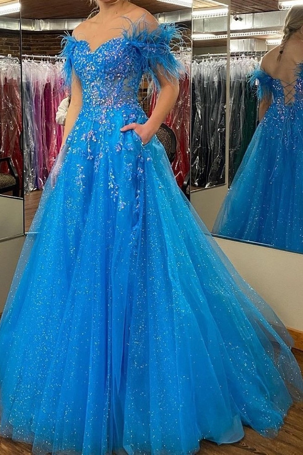 Gorgeous A-Line Royal Blue Off The Shoulder Long Prom Dress With Feather