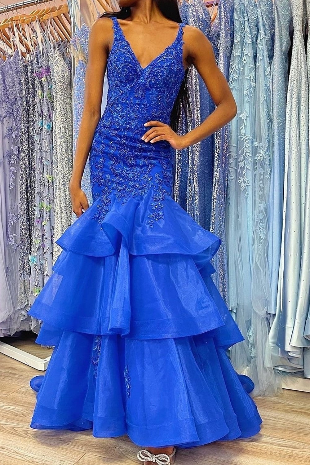 Gorgeous Mermaid Royal Blue V-Neck Long Prom Dress With Ruffle