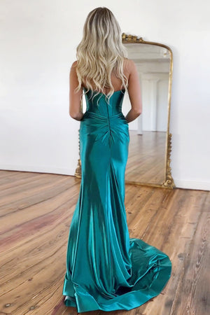 Green Gorgeous Mermaid Sweetheart Satin Prom Dress With Split