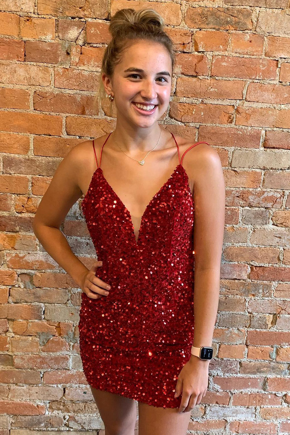 Red Sequin Bodycon Homecoming Dress With Criss Cross Back