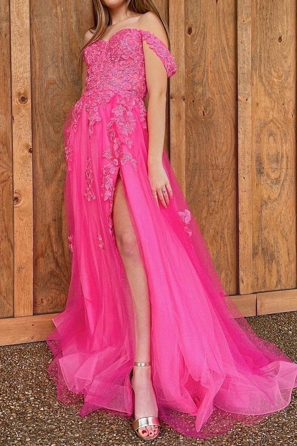 Hot Pink Off The Shoulder A-Line Long Prom Dress With Appliqus And Split