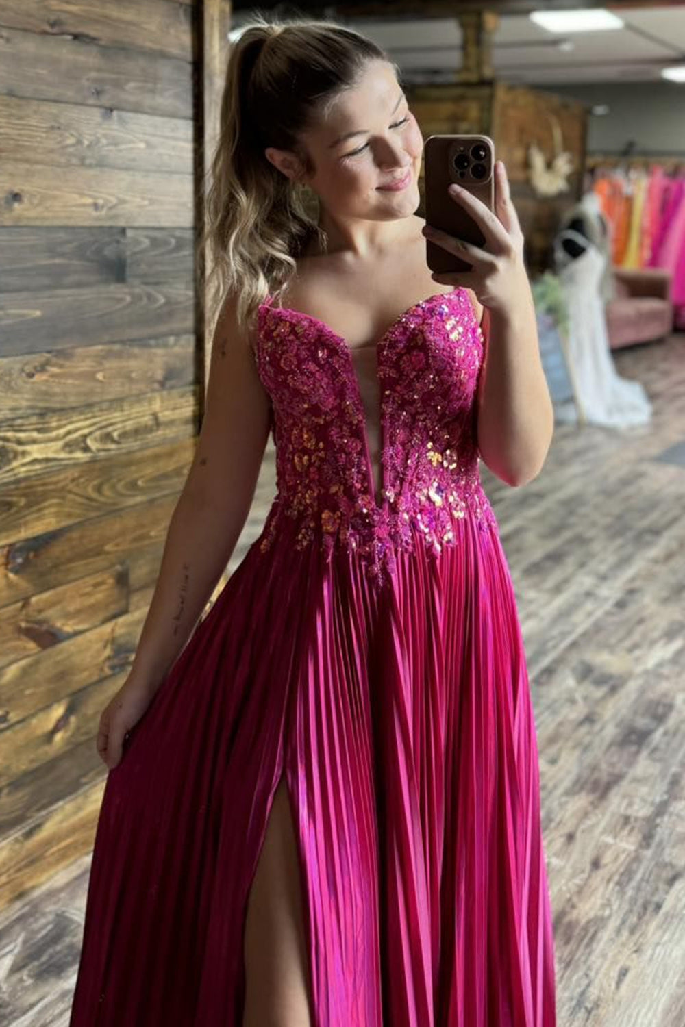 Glitter Fuchsia Pleated A Line Corset Prom Dress with Slit