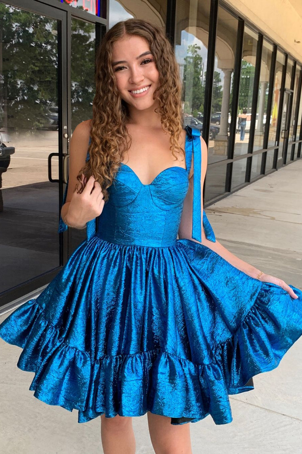 Ruffles Blue A Line Spaghetti Straps Homecoming Dress