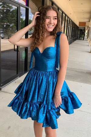 Ruffles Blue A Line Spaghetti Straps Homecoming Dress